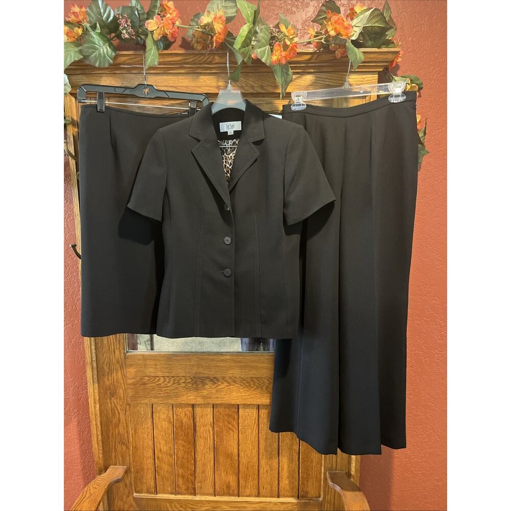 LE‎ SUIT 3 Piece Black Short Sleeve Suit Jacket Skirt Pant Set 6 Petite Career